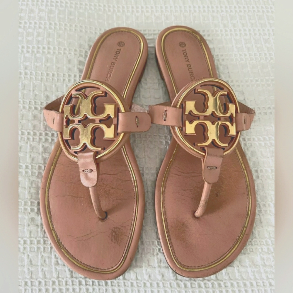 Tory Burch Designer Miller Sandals Metal Logo Sweet Tooth Gold Size 8 Leather